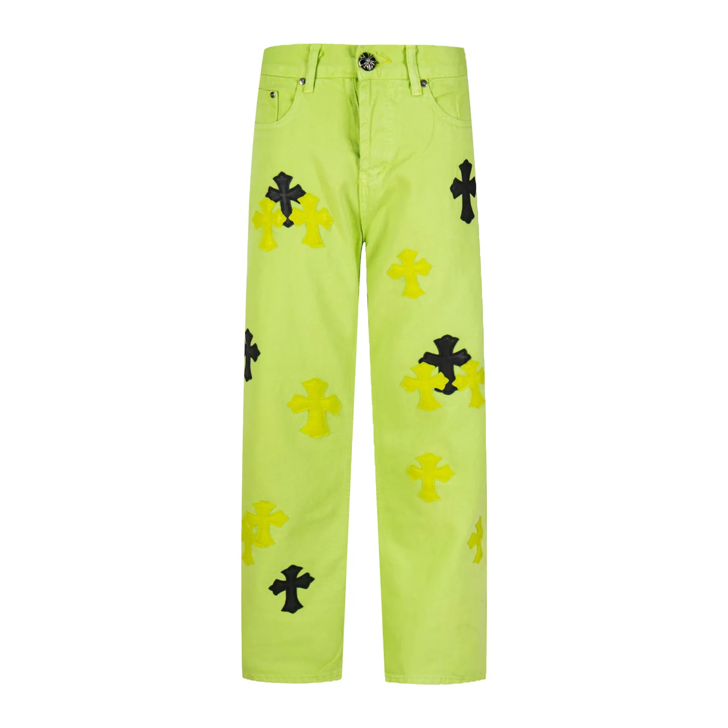 P250 Chrome Hearts dopamine green denim and black and yellow leather couple jeans are a hot trend this season and are sought after by countless celebrities and fashionistas. The neat details of the cutting process add color to the playful fashion! The neat and meticulous design, and the well-fitting structure is unique. The upper body not only has outstanding recognition, but also looks younger and younger. A style with the ultimate wearing meaning and performance, gorgeous color matching, and the craftsmanship of this style is also extremely extraordinary. After the finished product is washed, it is disassembled and hand-made with sheepskin cross leather and then spliced ​​together to complete. The whole piece has too many craftsmanship to describe. It is decorated with patchwork cross flowers and high-waisted washed jeans! ! Absolutely high-end luxury product, a god-level single product, a super popular product, made by top heavy industry, a magic weapon that cannot be missed to hit the streets. Style number: 1829# Size: 28 30 32 34 Color: green